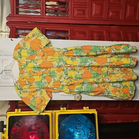 NWT Peyton & Parker Orange Yellow GreenCotton Tropical Fruit Square Neck Dress S - Picture 3 of 4